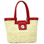 Straw Satchel: Corn Husk w/ Leather-like Trim & Handles - Orange - BG-B10015A-OG